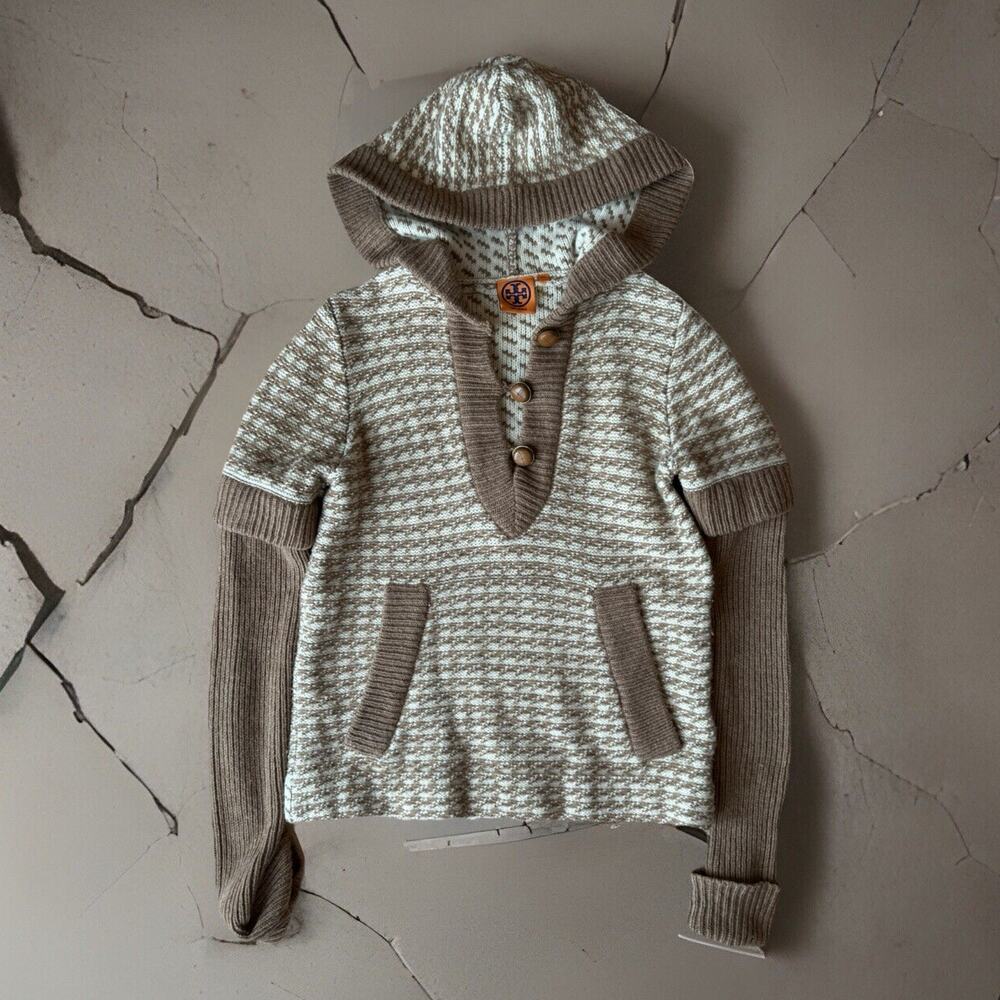 Tory Burch Sweater XS Brown Hooded Wool Pullover Argyle Glam Designer New York